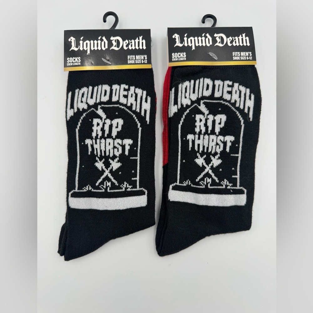Liquid‎ Death Crew Socks RIP Thirst Black Red Men's Size 6-12 NWT